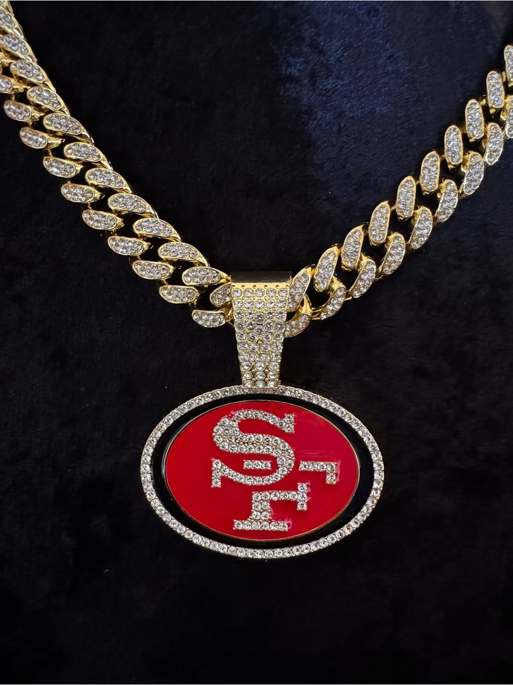 NFL San Francisco 49ers Pendant with 20” Crystal Chain Unisex Football Jewelry